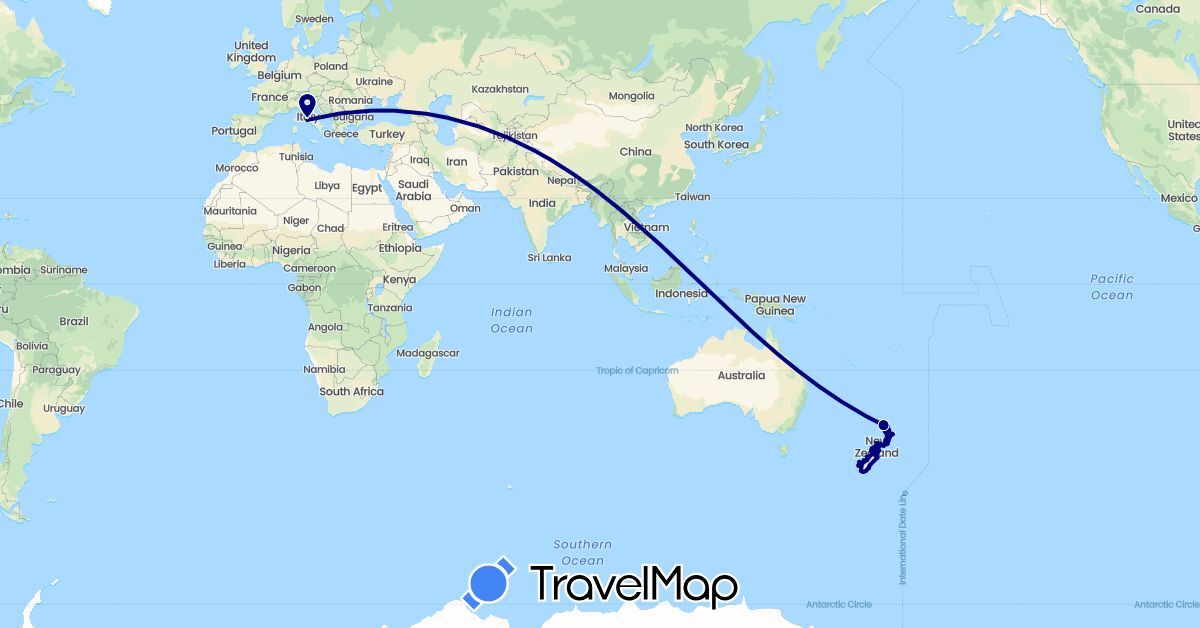 TravelMap itinerary: driving in Italy, New Zealand (Europe, Oceania)